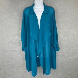 Joan Rivers Waterfall Front Cardigan L Sheer Lightweight Teal Blue Cover Up‎